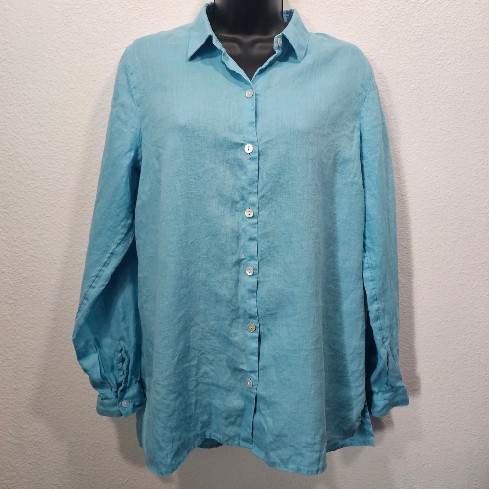 J. Jill Love Linen Essential Shirt Blue Turquoise Button Down Top Small